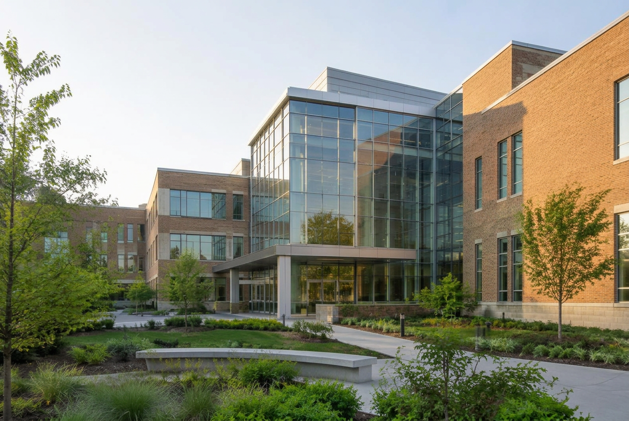 Brick and glass research building with landscaped courtyard
