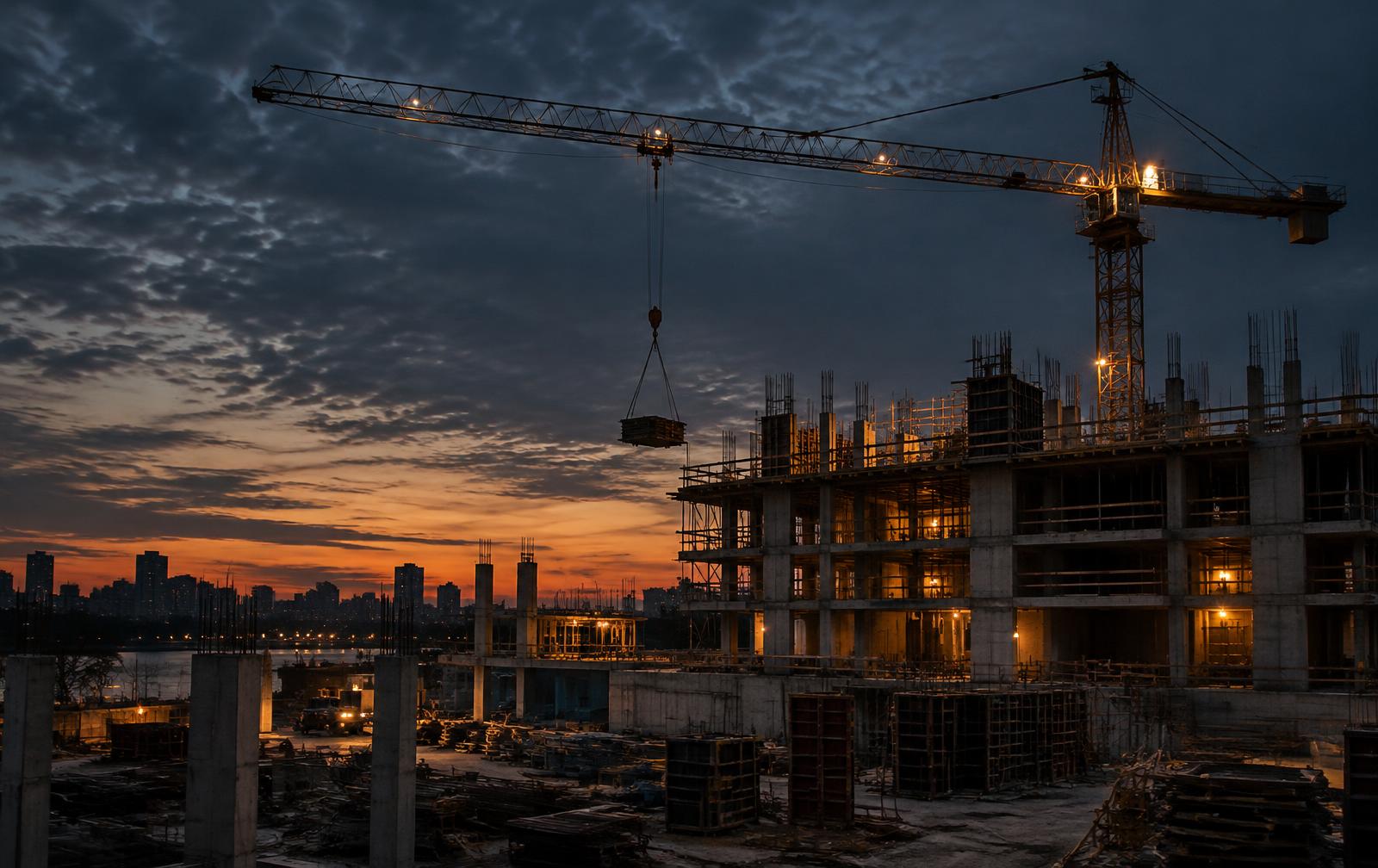 Tower crane over a concrete structure under construction at dusk, work lights glowing