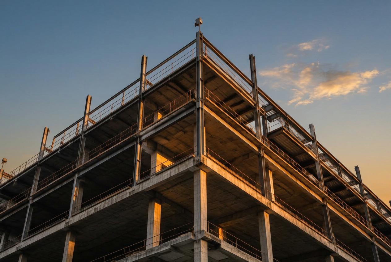 Structural steel frame of a building in progress against an overcast sky