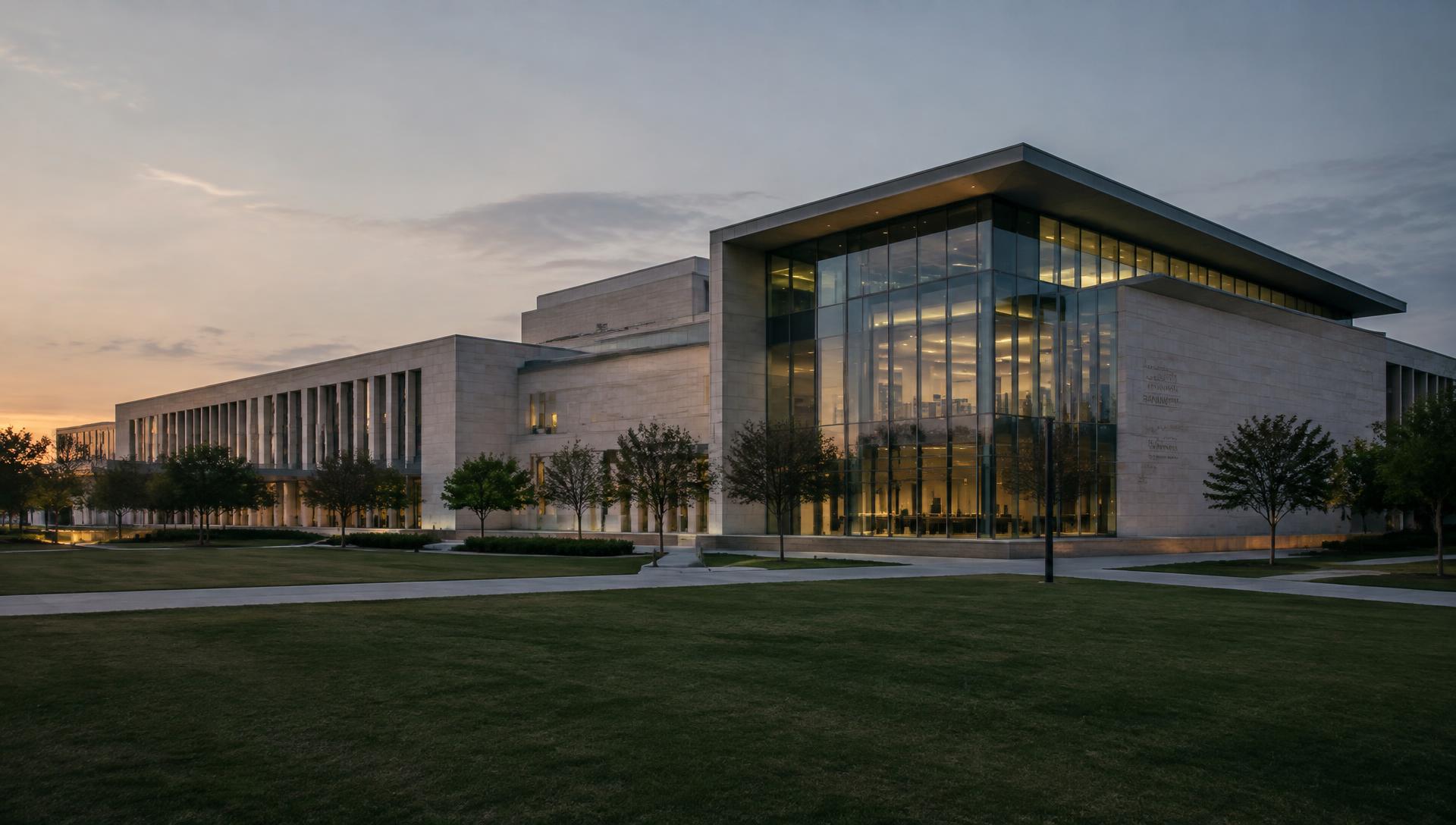 Limestone and glass building at dusk, interior lights glowing
