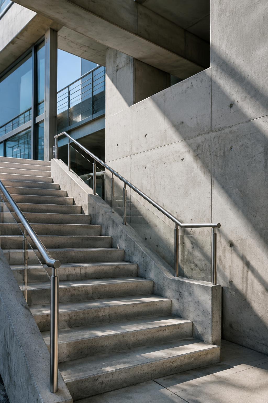 Illustrative concrete staircase and steel handrails in natural daylight