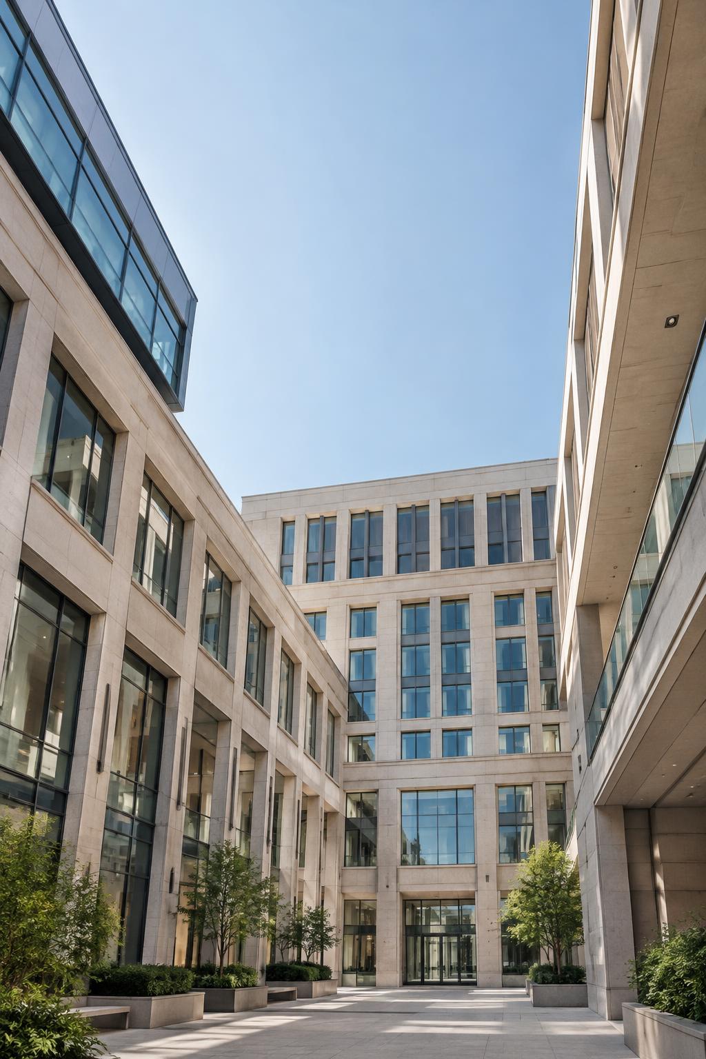 Illustrative stone and glass architecture surrounding an open courtyard