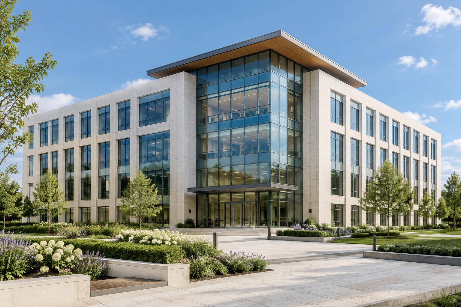 Illustrative limestone and glass commercial building with a landscaped plaza