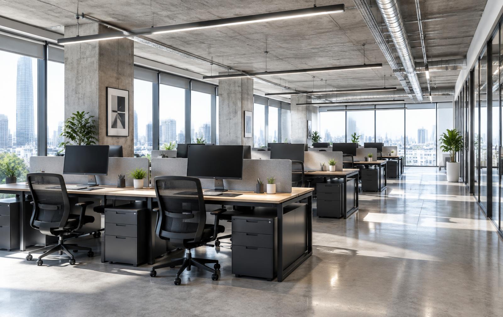Open office floor with rows of workstations, concrete columns, and full-height windows