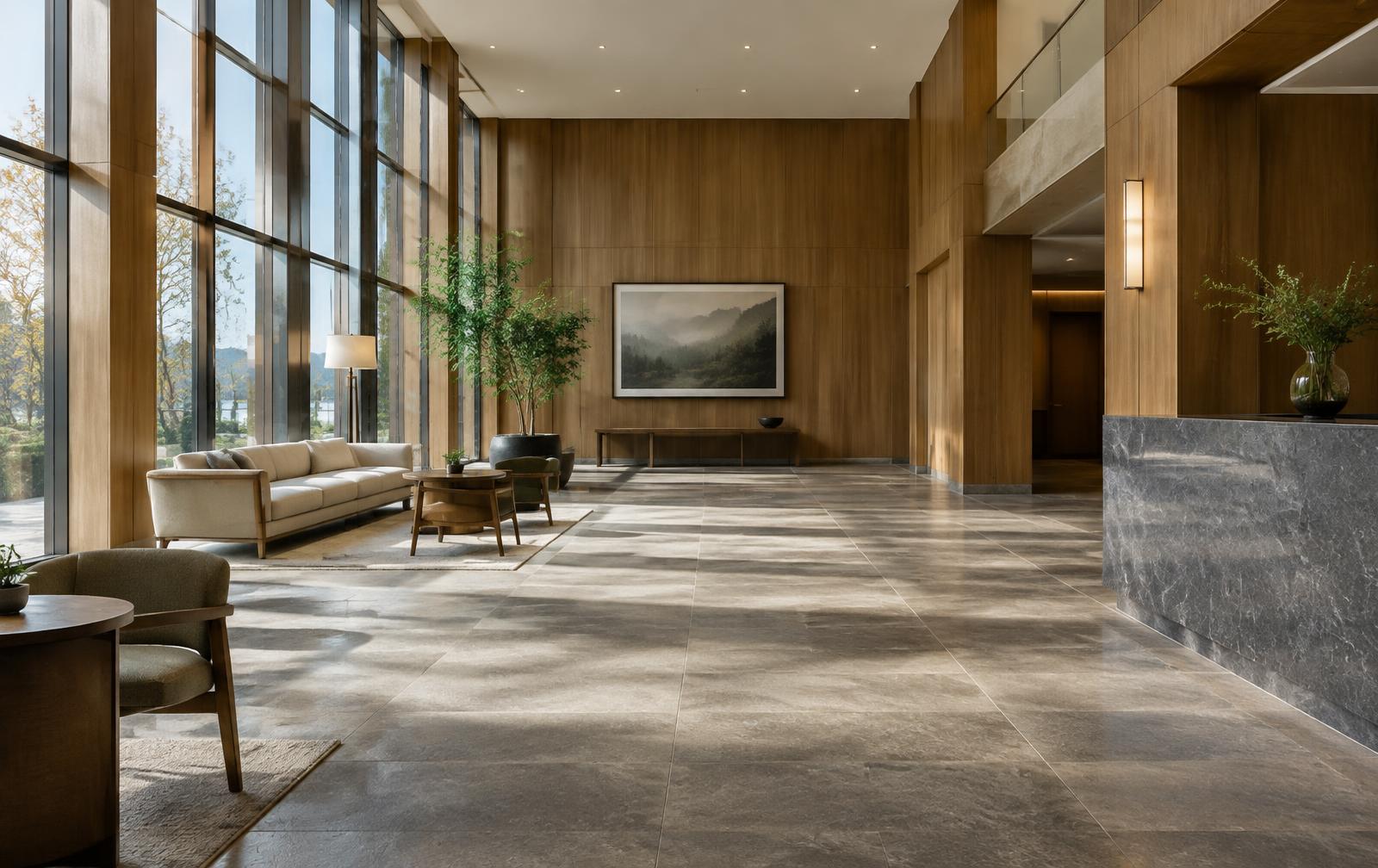 Quiet lobby with stone floors, timber walls, and tall windows