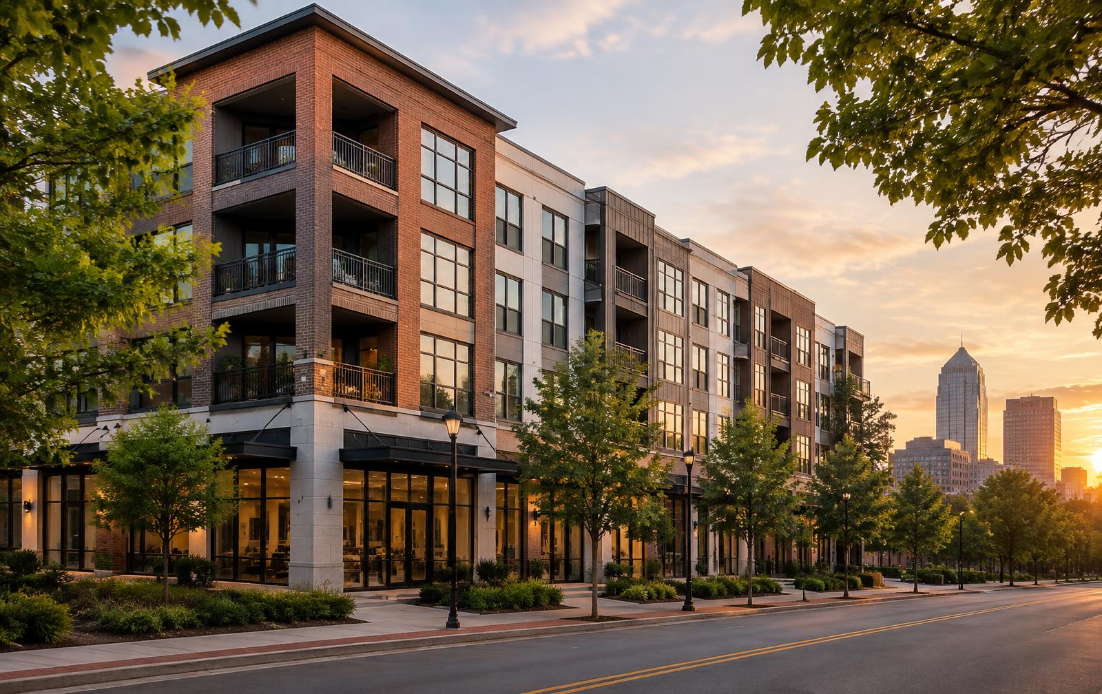 Brick mid-rise mixed-use building on a tree-lined street at sunset